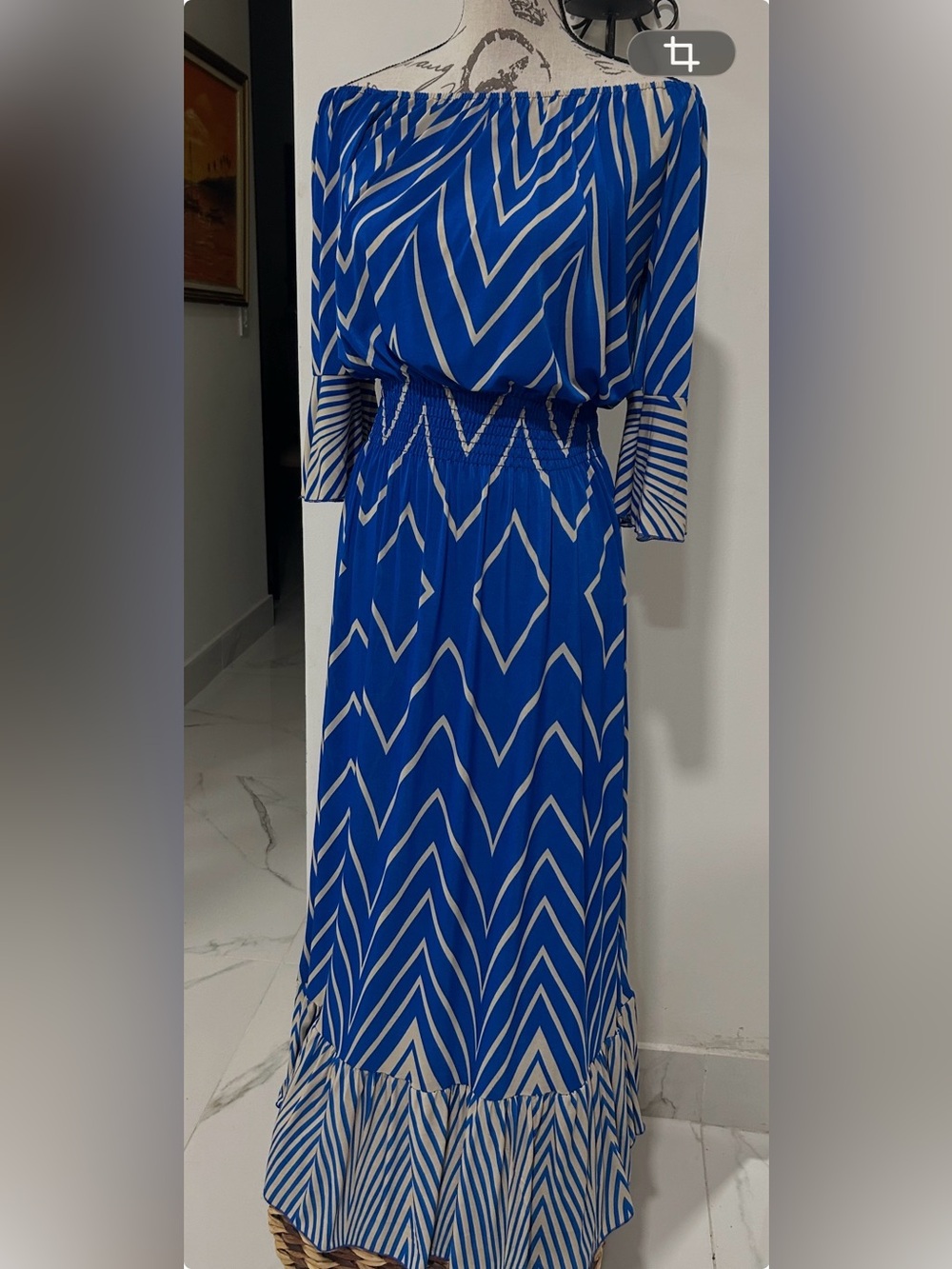 Off-Shoulder Blue and White Chevron Maxi Dress 3/4 Sleeves. Size M